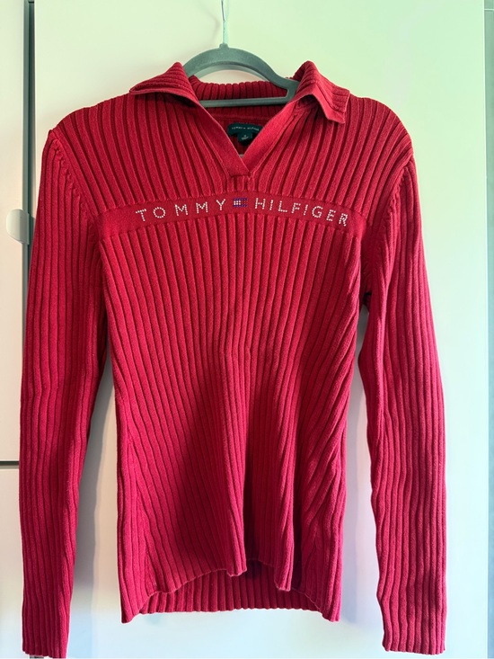 Tommy Hilfiger Sweaters - Tommy Hilfiger Women’s Red Ribbed Collared Sweater
